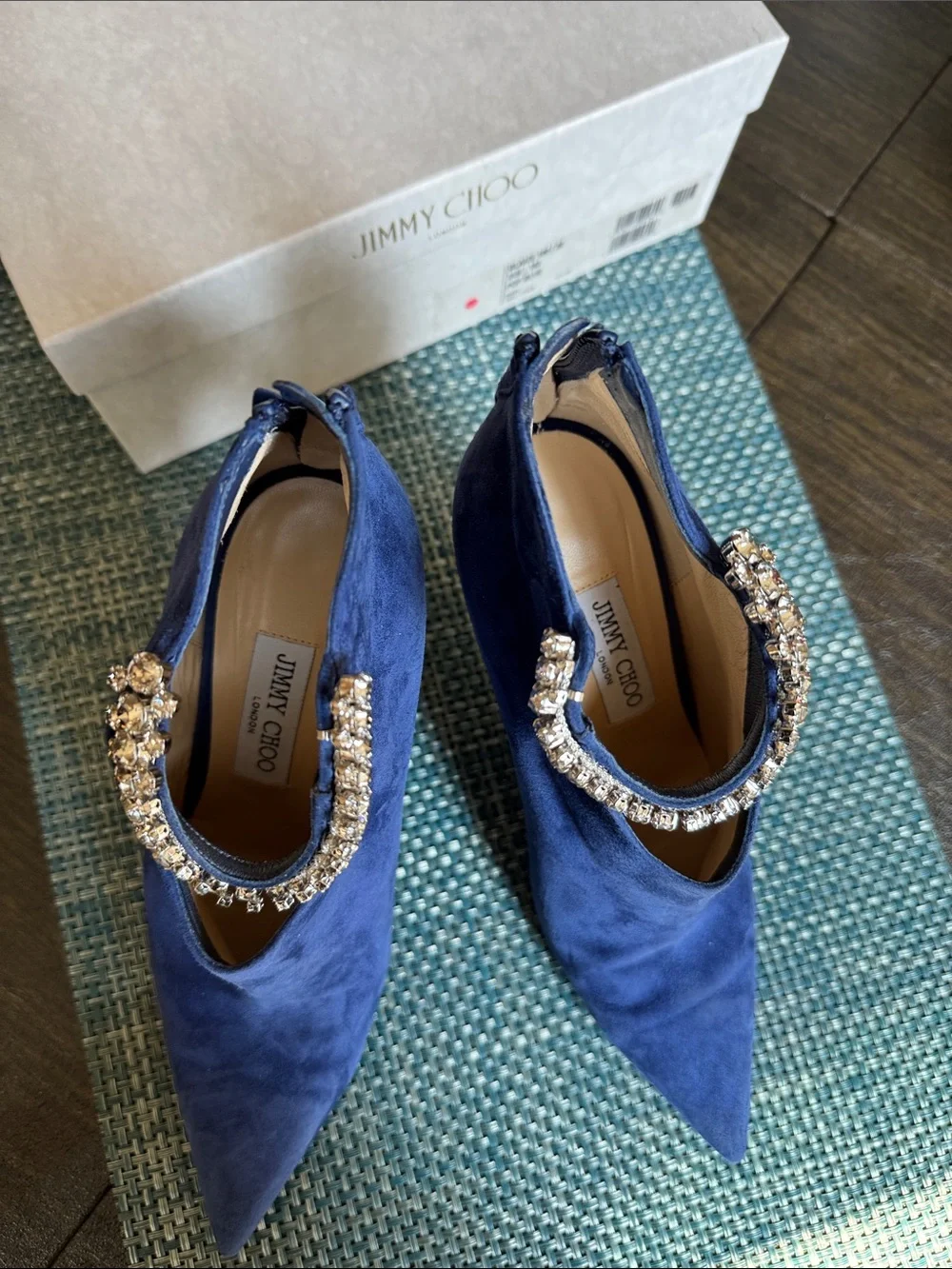 Jimmy Choo Blue Suede Stiletto Booties with Crystal Anklet
